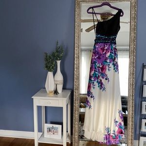 Purple, blue & black floral gown with sequin detail fits like a 2/4 one shoulder